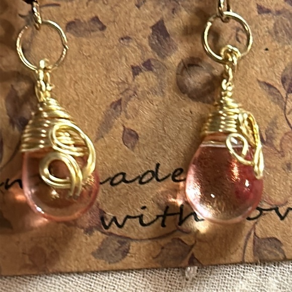 Gold Wire Wrap Coral Teardop Earrings - Picture 2 of 5